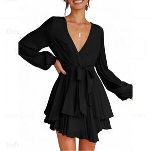 Long Sleeve V Neck Ruffle Skater Wrap Dress